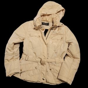 MDC Doris Pfister Womens Tan Belted Long Sleeves Removable Hood Puffer Jacket 40